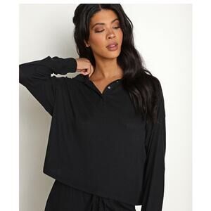 Eberjey Black Elon Knit Long Sleeves Ribbed Polo Top Sz S Minimalist Preppy